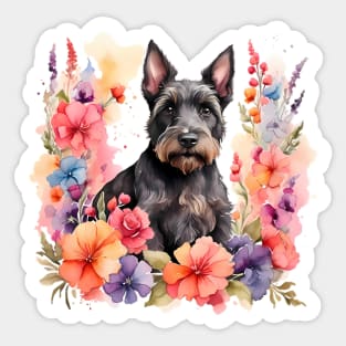 A scottish terrier decorated with beautiful watercolor flowers Sticker